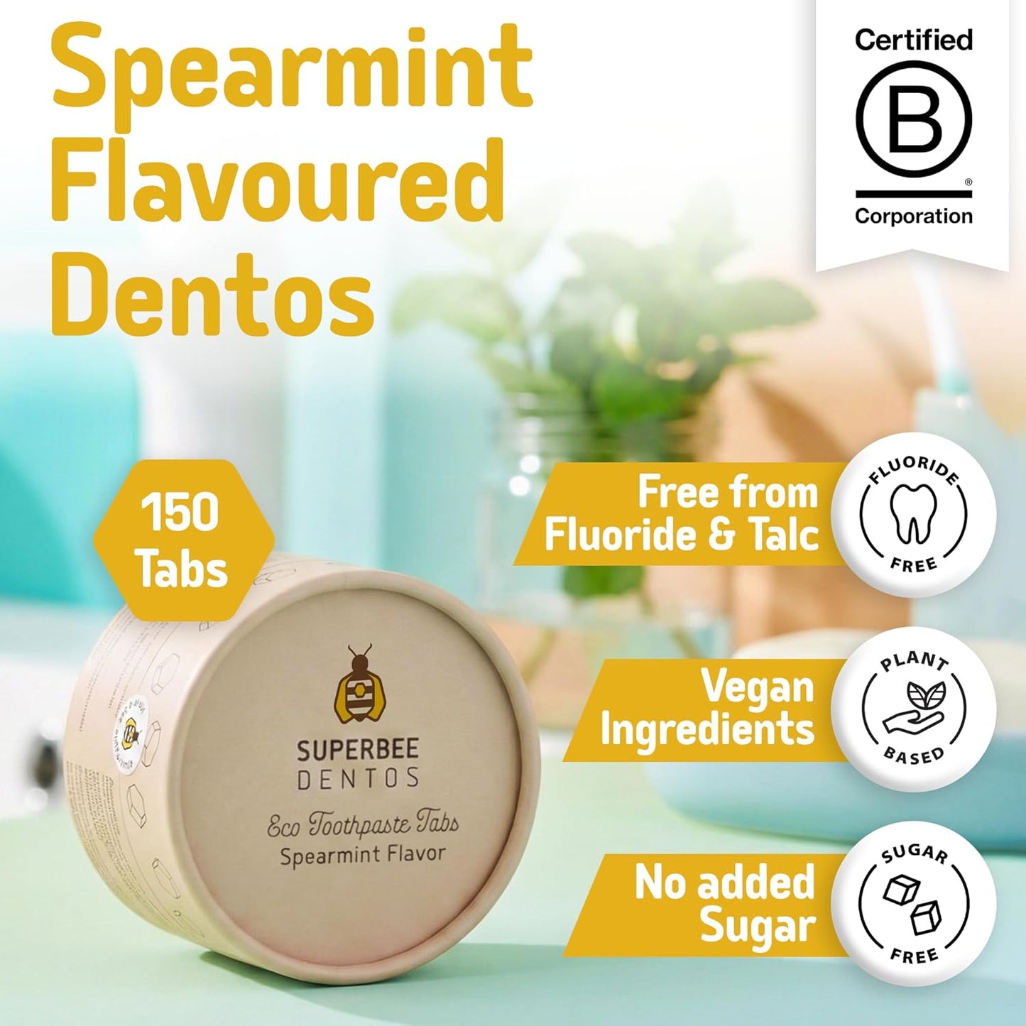 Superbee Dentos whitening Tablets 150 Tabs – Fluoride Free, Spearmint